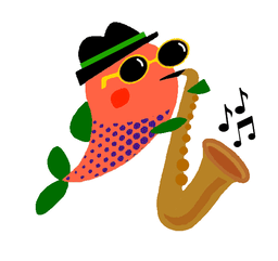 The logo for the site, a carp standing on its fins wearing a hat and sunglasses, holding a saxophone